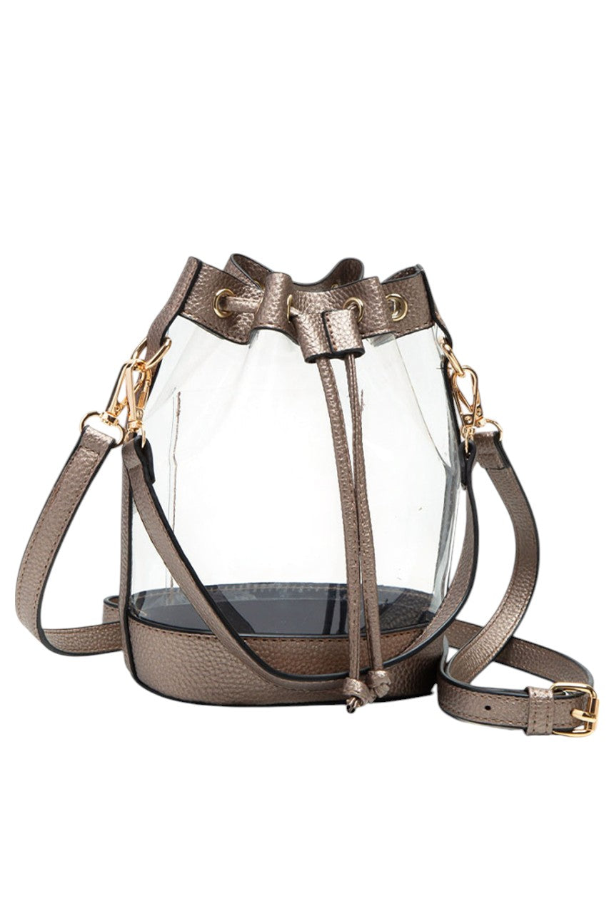 Bronze Clear Crossbody Stadium Bucket Bag offers a sleek, transparent design ideal for stadium events and venues with clear bag policies. Its bucket shape provides ample space for essentials while maintaining a compact profile. The adjustable crossbody strap ensures comfortable, hands-free carrying, making it a practical choice for active outings. Crafted for durability and easy visibility, this bag combines functionality with compliance, perfect for those seeking convenience without sacrificing style.