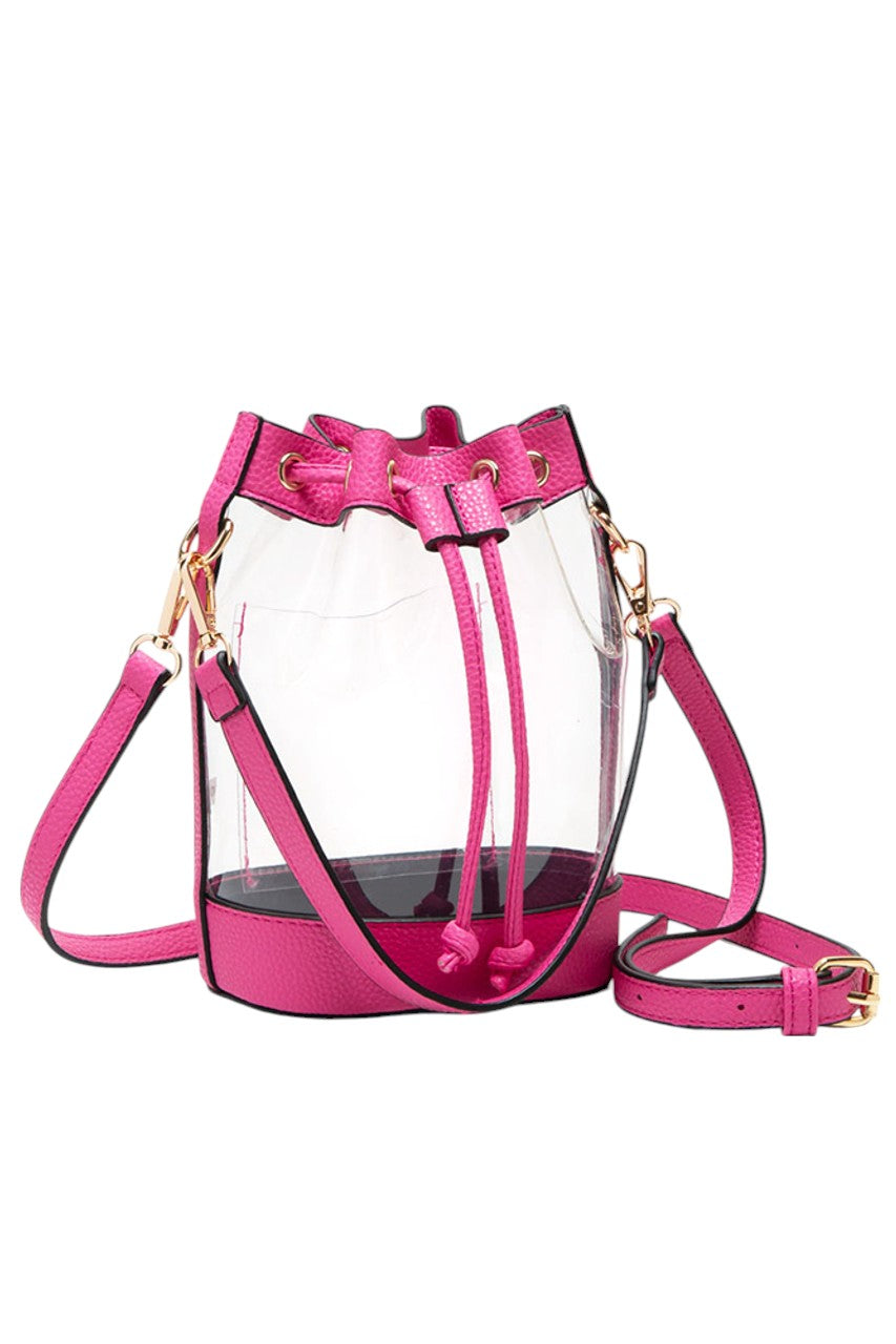 Fuchsia Clear Crossbody Stadium Bucket Bag offers a sleek, transparent design ideal for stadium events and venues with clear bag policies. Its bucket shape provides ample space for essentials while maintaining a compact profile. The adjustable crossbody strap ensures comfortable, hands-free carrying, making it a practical choice for active outings. Crafted for durability and easy visibility, this bag combines functionality with compliance, perfect for those seeking convenience without sacrificing style.