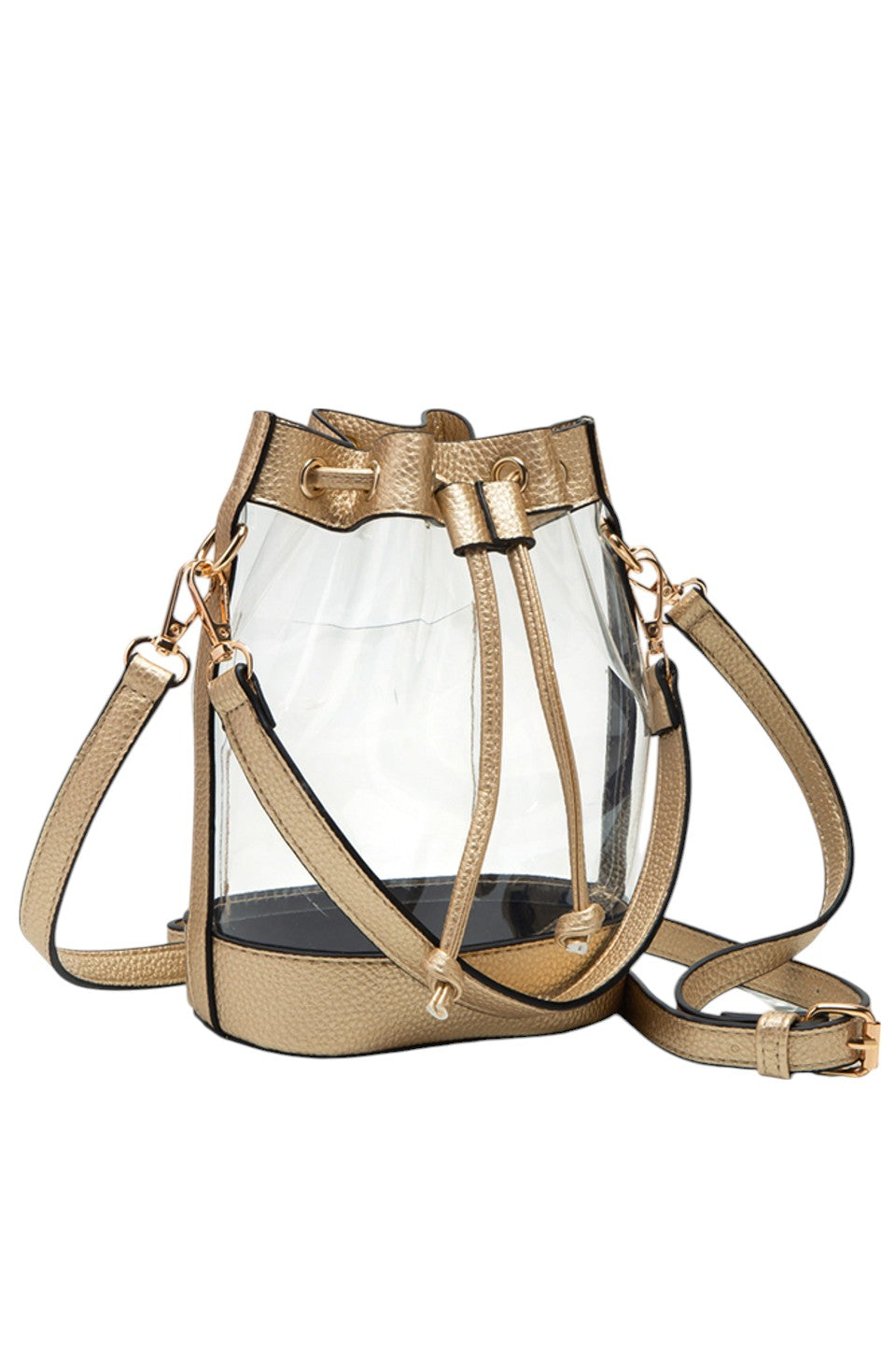 Gold Clear Crossbody Stadium Bucket Bag offers a sleek, transparent design ideal for stadium events and venues with clear bag policies. Its bucket shape provides ample space for essentials while maintaining a compact profile. The adjustable crossbody strap ensures comfortable, hands-free carrying, making it a practical choice for active outings. Crafted for durability and easy visibility, this bag combines functionality with compliance, perfect for those seeking convenience without sacrificing style.