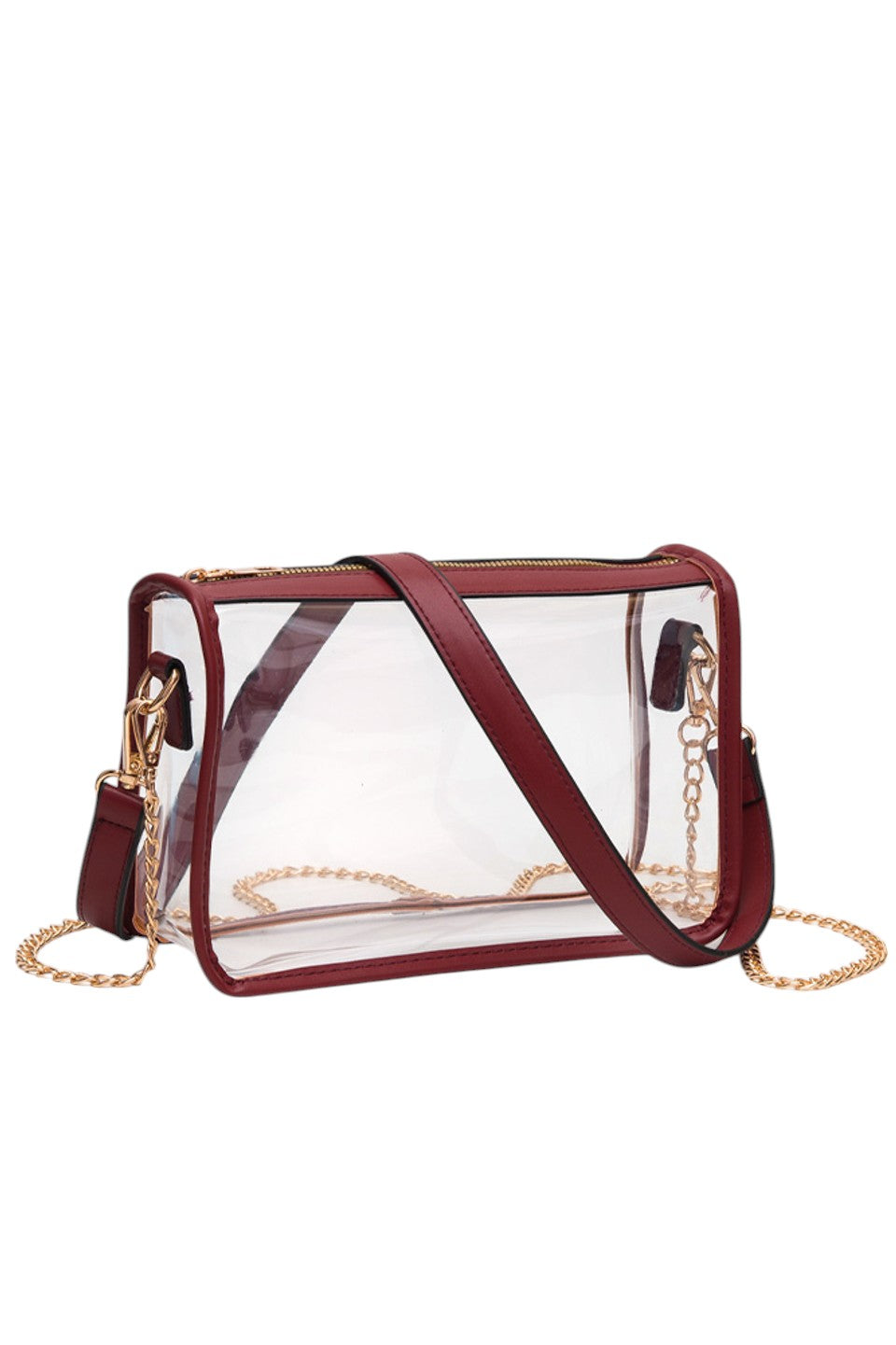 Burgundy Clear Rectangle Stadium Concert Crossbody Bag offers a sleek, transparent design ideal for event security compliance. Its rectangular shape provides ample space for essentials while maintaining a compact profile. The adjustable crossbody strap ensures comfortable wear, making it perfect for concerts and stadium visits where quick access and visibility are essential. Durable materials guarantee longevity, combining practicality with modern style for hassle-free outings. 