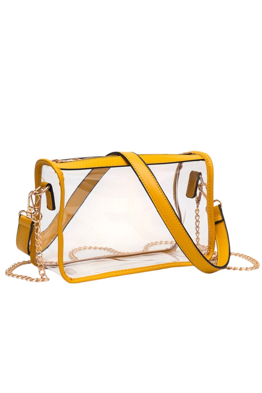 Mustard Clear Rectangle Stadium Concert Crossbody Bag offers a sleek, transparent design ideal for event security compliance. Its rectangular shape provides ample space for essentials while maintaining a compact profile. The adjustable crossbody strap ensures comfortable wear, making it perfect for concerts and stadium visits where quick access and visibility are essential. Durable materials guarantee longevity, combining practicality with modern style for hassle-free outings. 