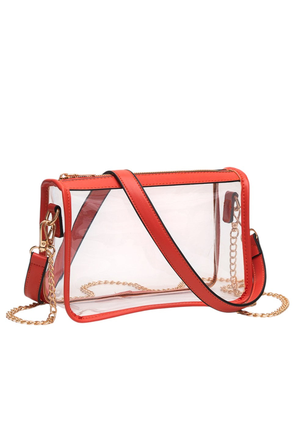 Orange  Clear Rectangle Stadium Concert Crossbody Bag offers a sleek, transparent design ideal for event security compliance. Its rectangular shape provides ample space for essentials while maintaining a compact profile. The adjustable crossbody strap ensures comfortable wear, making it perfect for concerts and stadium visits where quick access and visibility are essential. Durable materials guarantee longevity, combining practicality with modern style for hassle-free outings. 