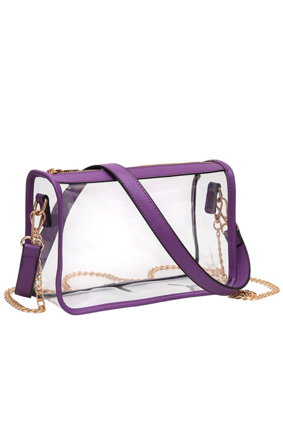 Purple Clear Rectangle Stadium Concert Crossbody Bag offers a sleek, transparent design ideal for event security compliance. Its rectangular shape provides ample space for essentials while maintaining a compact profile. The adjustable crossbody strap ensures comfortable wear, making it perfect for concerts and stadium visits where quick access and visibility are essential. Durable materials guarantee longevity, combining practicality with modern style for hassle-free outings. 