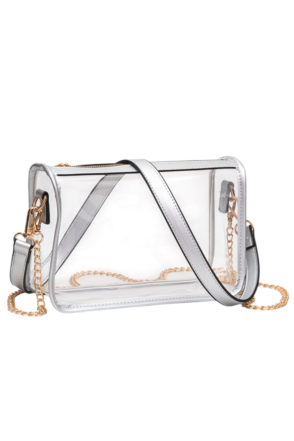 Silver Clear Rectangle Stadium Concert Crossbody Bag offers a sleek, transparent design ideal for event security compliance. Its rectangular shape provides ample space for essentials while maintaining a compact profile. The adjustable crossbody strap ensures comfortable wear, making it perfect for concerts and stadium visits where quick access and visibility are essential. Durable materials guarantee longevity, combining practicality with modern style for hassle-free outings. 