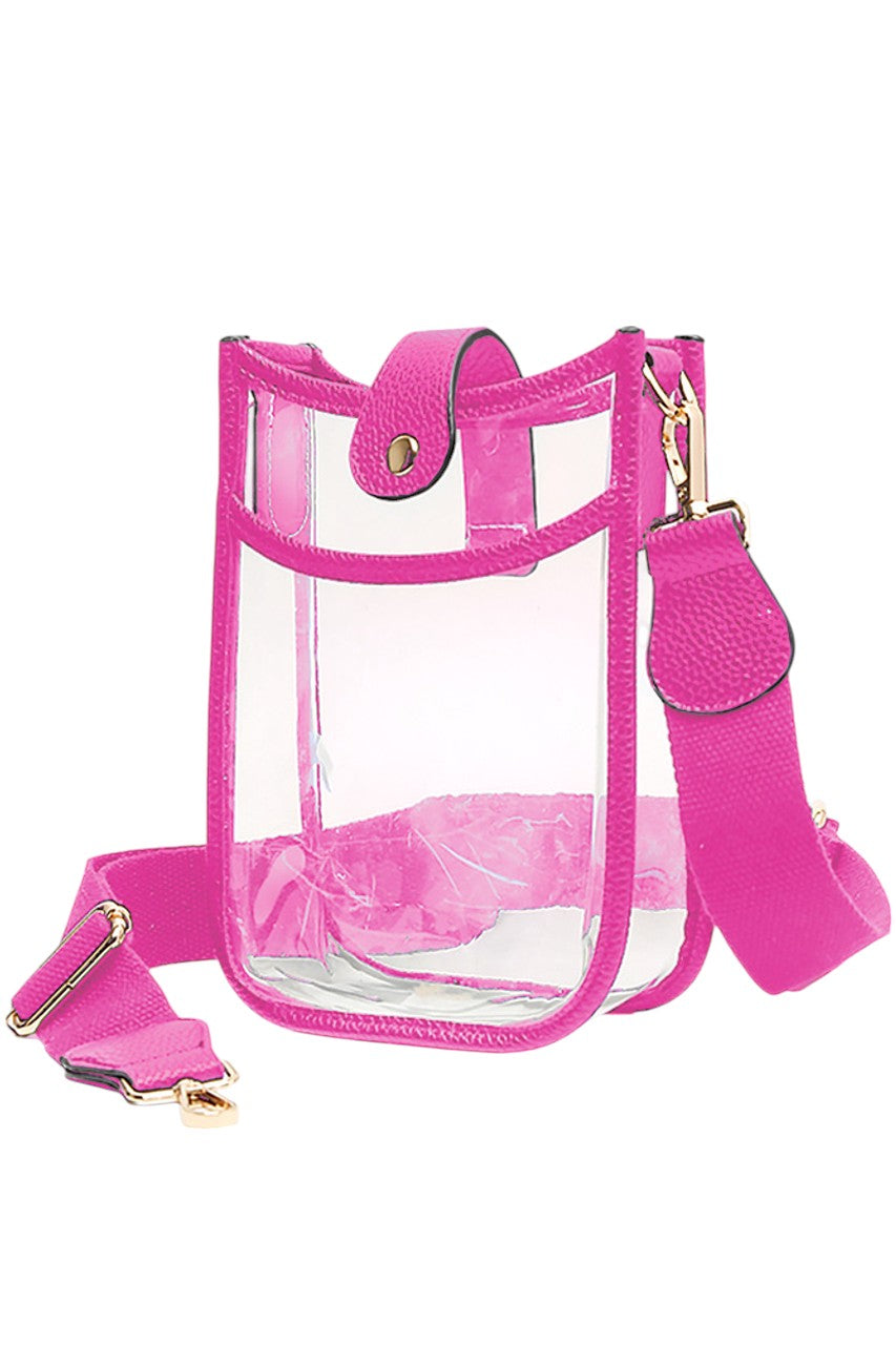 Clear Stadium Crossbody Mini Bag offers a sleek, transparent design ideal for event venues with strict bag policies. Its compact size ensures convenience without sacrificing style, while the adjustable crossbody strap provides comfortable, hands-free wear. Crafted for durability and easy access, this mini bag is perfect for securely carrying essentials at stadiums, concerts, or festivals. 