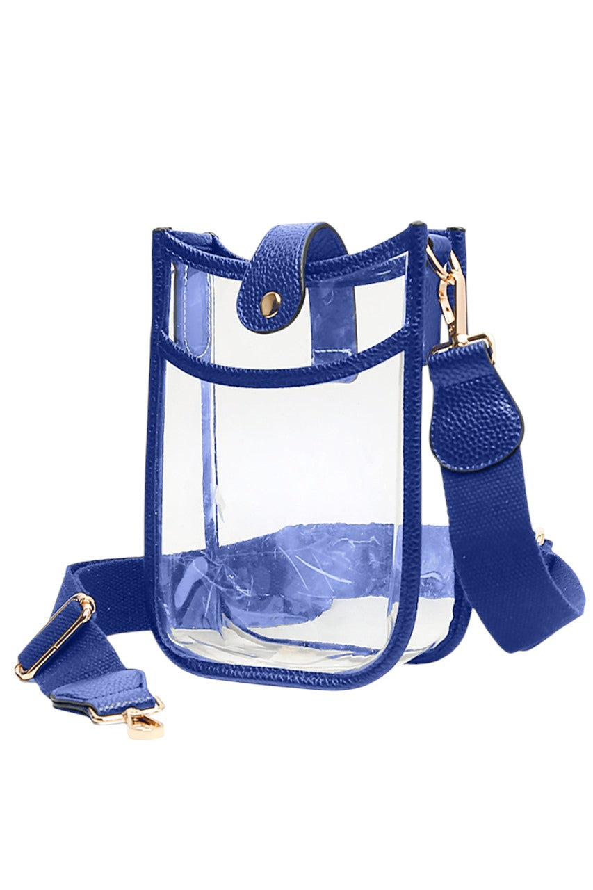 Clear Stadium Crossbody Mini Bag offers a sleek, transparent design ideal for event venues with strict bag policies. Its compact size ensures convenience without sacrificing style, while the adjustable crossbody strap provides comfortable, hands-free wear. Crafted for durability and easy access, this mini bag is perfect for securely carrying essentials at stadiums, concerts, or festivals. 