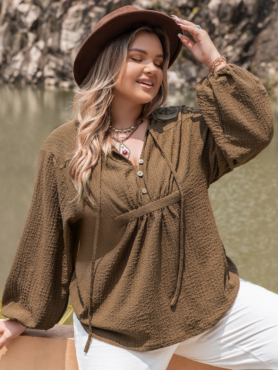 Plus Size Tie Neck Long Sleeve Blouse – Charming Charlie