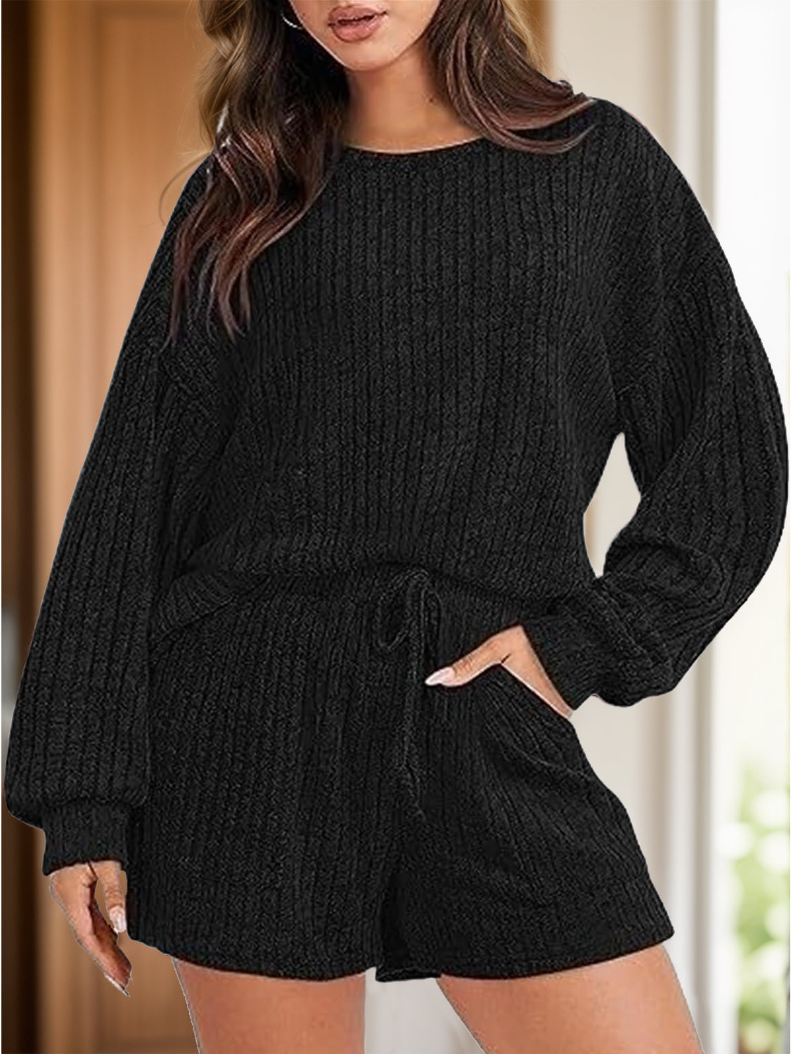 Round Neck Dropped Shoulder Top and Shorts Set - Charming Charlie