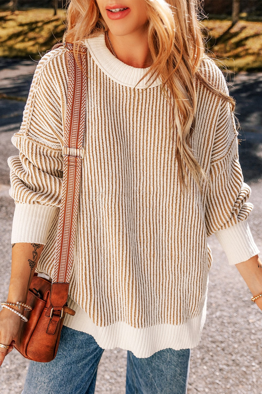 Round Neck Dropped Shoulder Sweater - Charming Charlie
