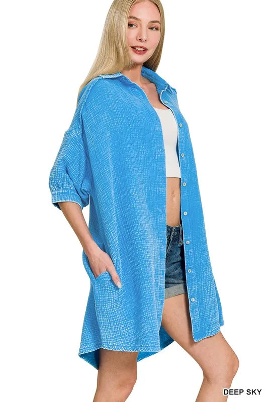 chinese dress ladies Zenana Washed Double Gauze Button Down Shirt Dress Deep Sky / S