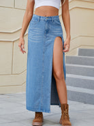Slit Buttoned Denim Skirt with Pockets - Charming Charlie
