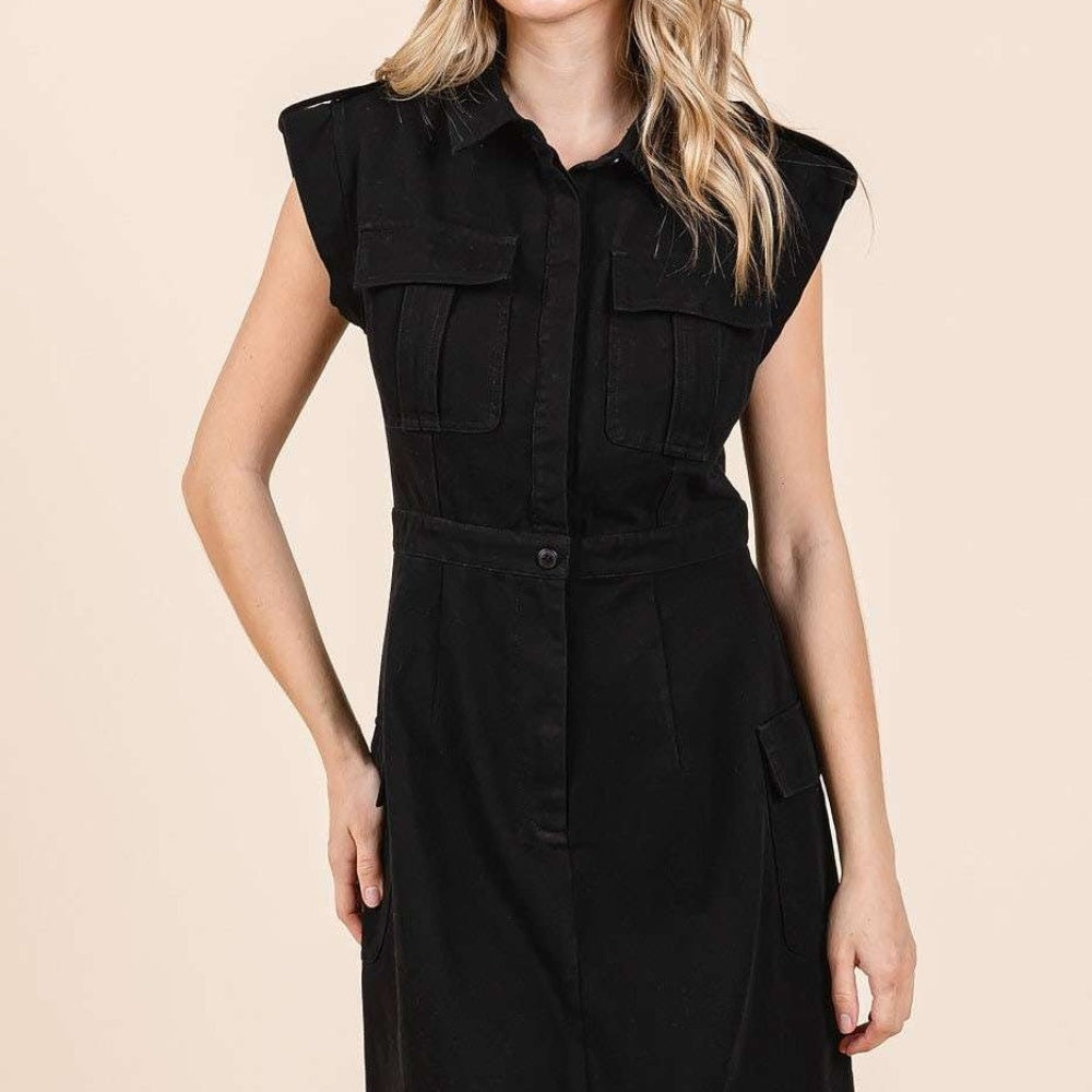 Mittoshop Cargo Pocket Half Button Mini Dress Black / S Mittoshop Cargo Pocket Half Button Mini Dress Black / S