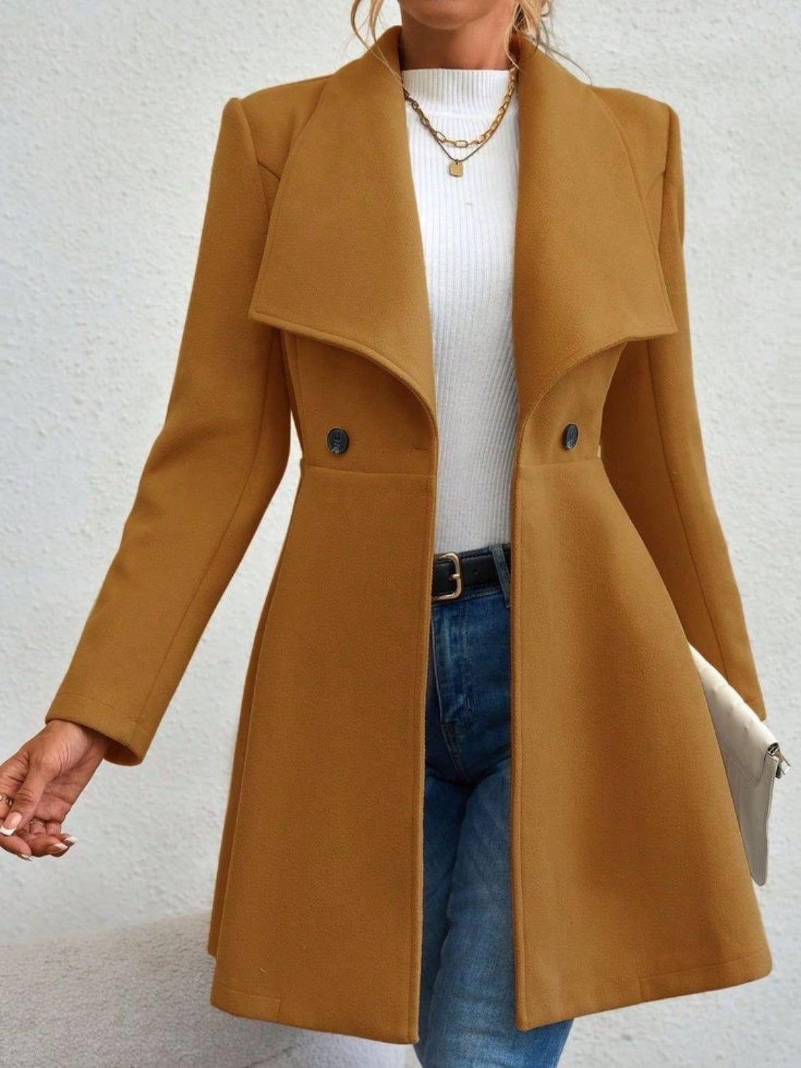 Collared Neck Button Up Long Sleeve Coat - Charming Charlie