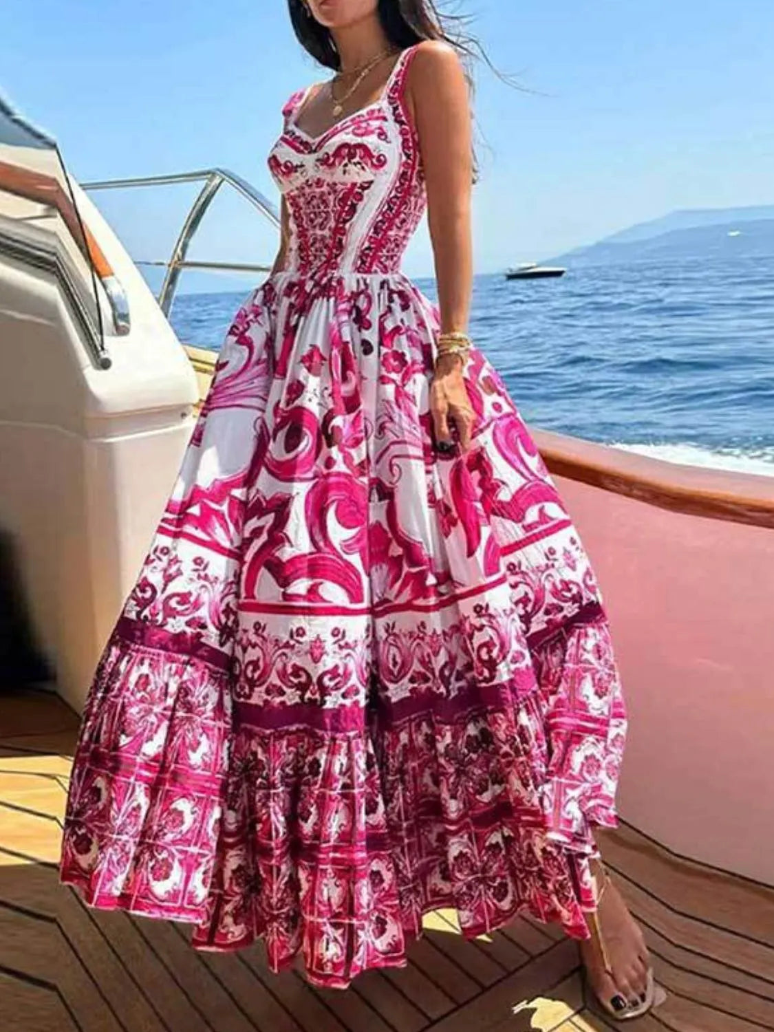 Smocked Printed Wide Strap Maxi Dress