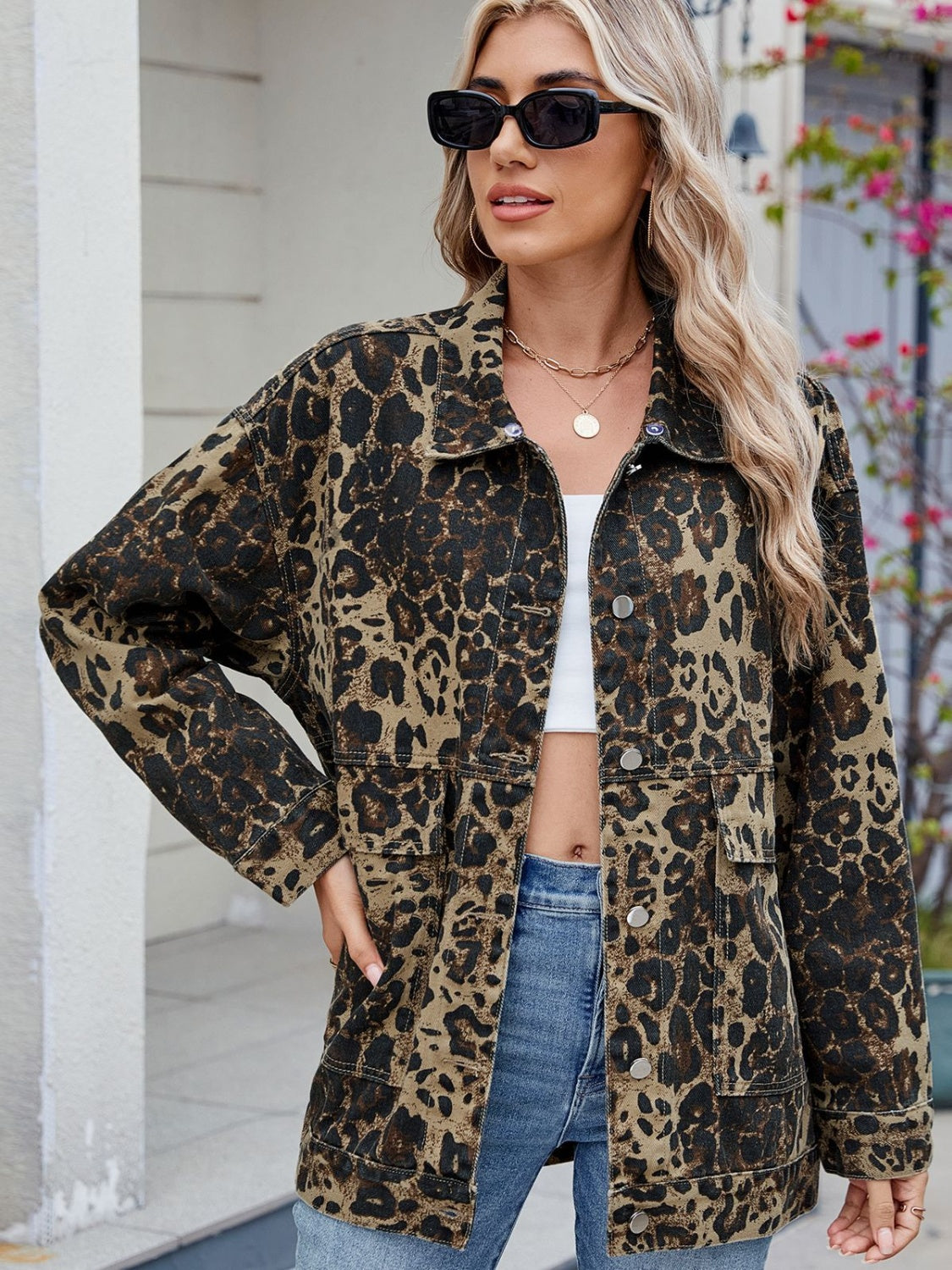 Leopard Button Up Drop Shoulder Denim Jacket – Charming Charlie