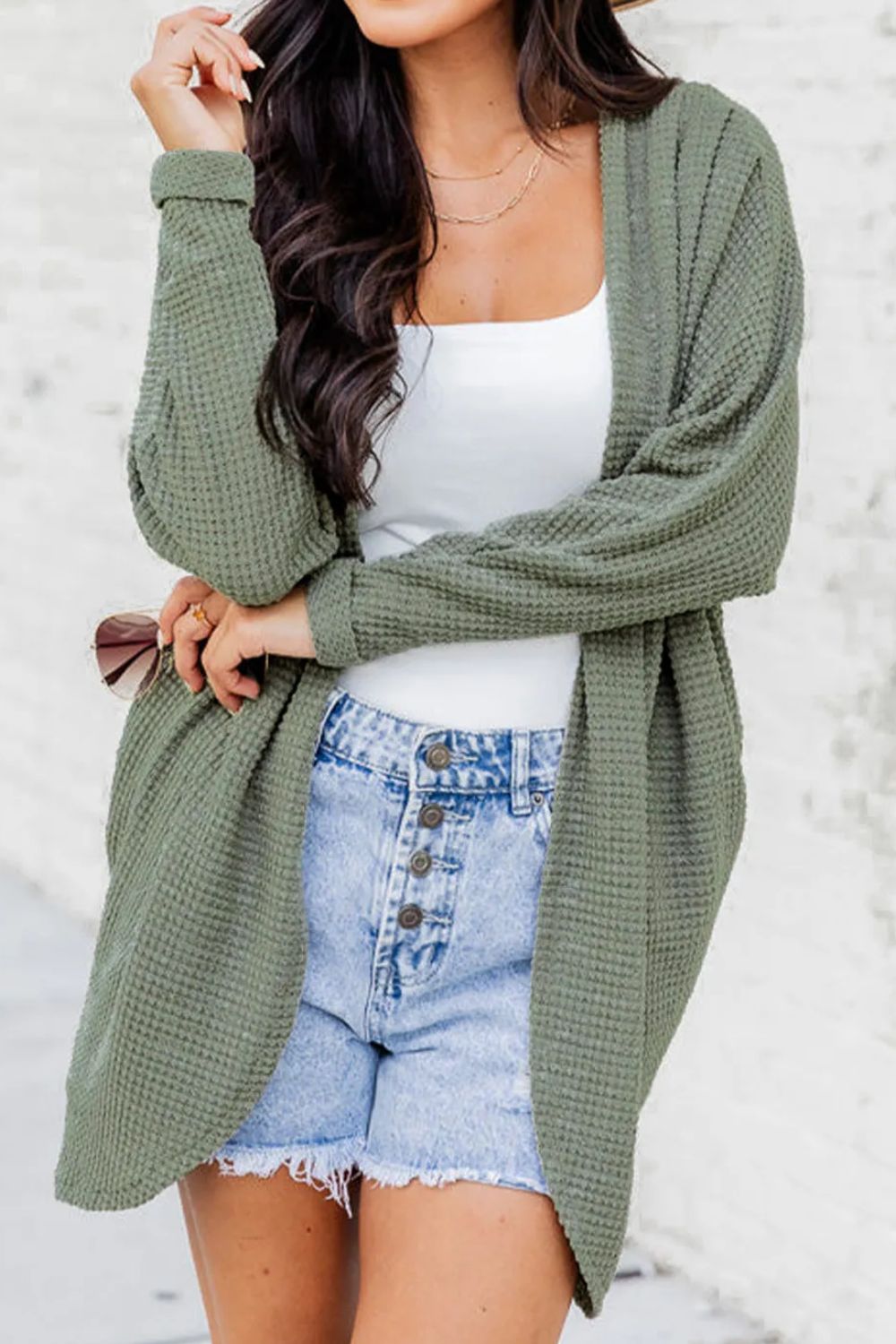 Waffle-Knit Open Front Long Sleeve Cover Up - Charming Charlie