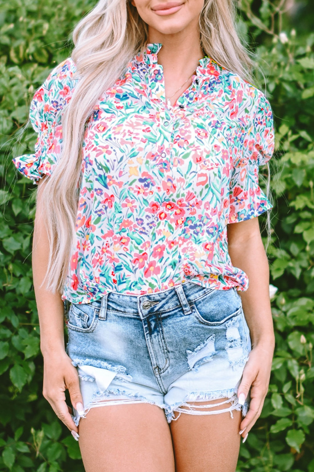 Printed Notched Short Sleeve Blouse - Charming Charlie