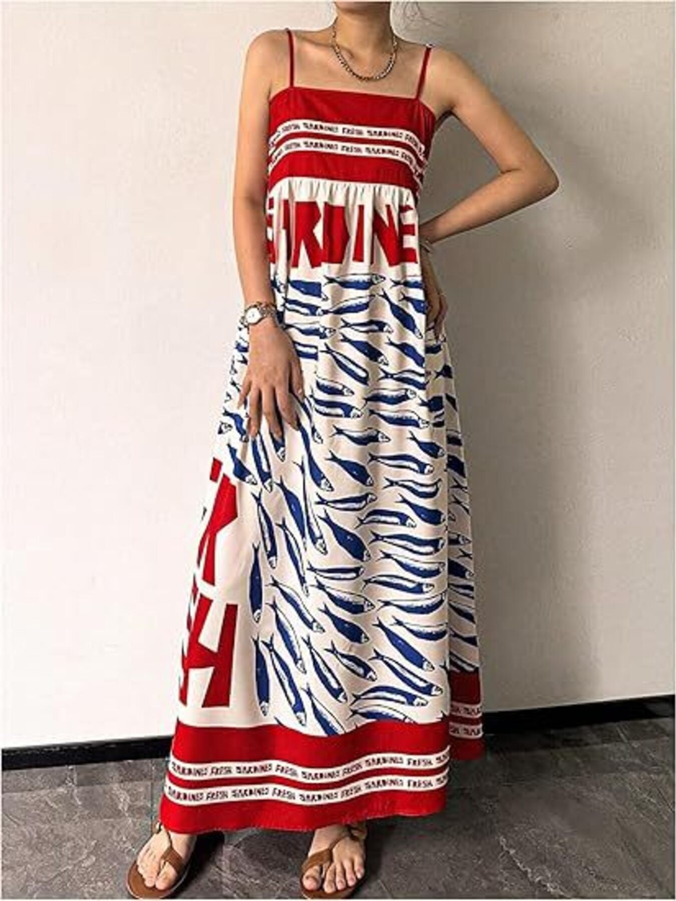 Sardine Print Spaghetti Strap Maxi Dress Red / S