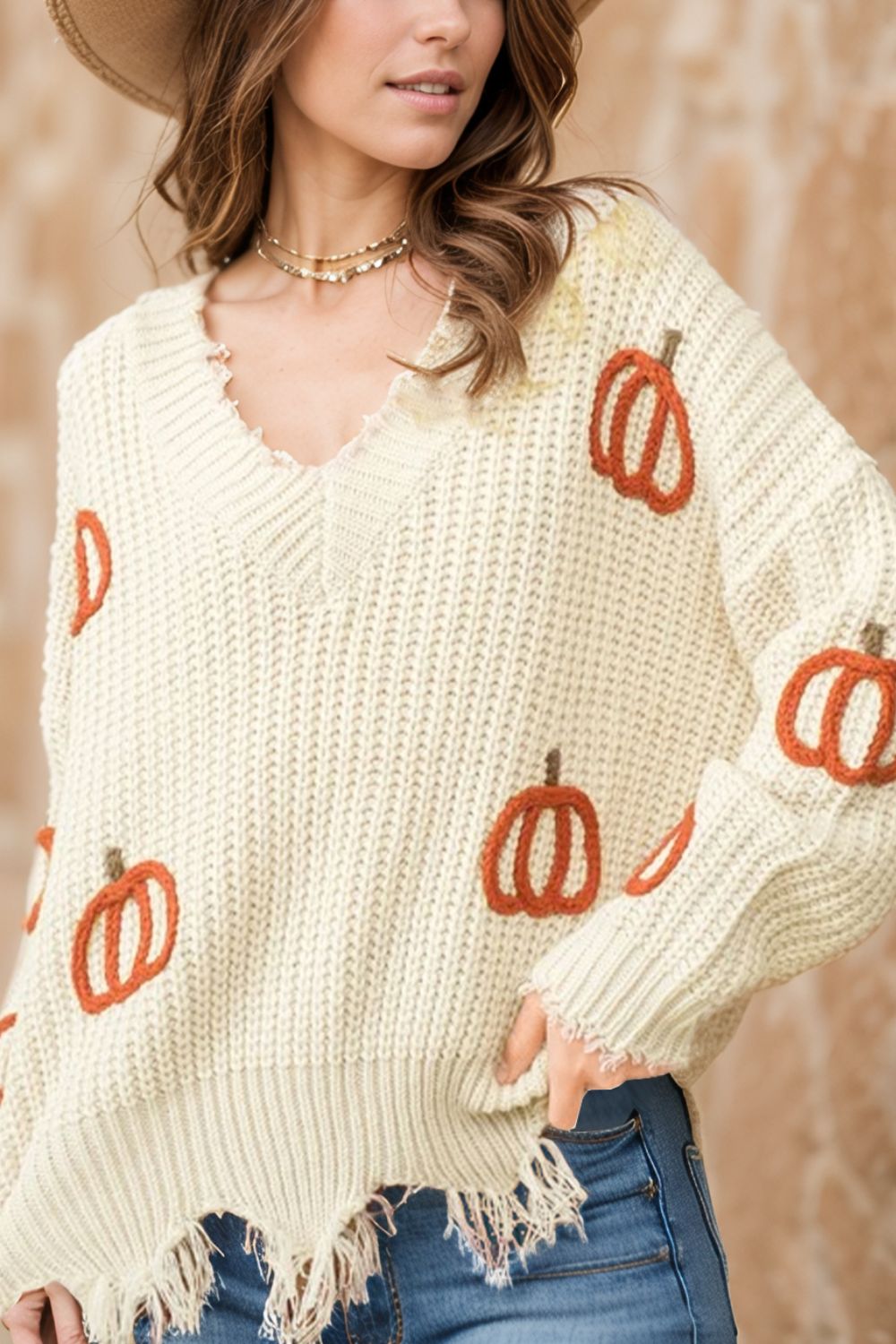 Raw Hem Pumpkin V-Neck Long Sleeve Sweater - Charming Charlie