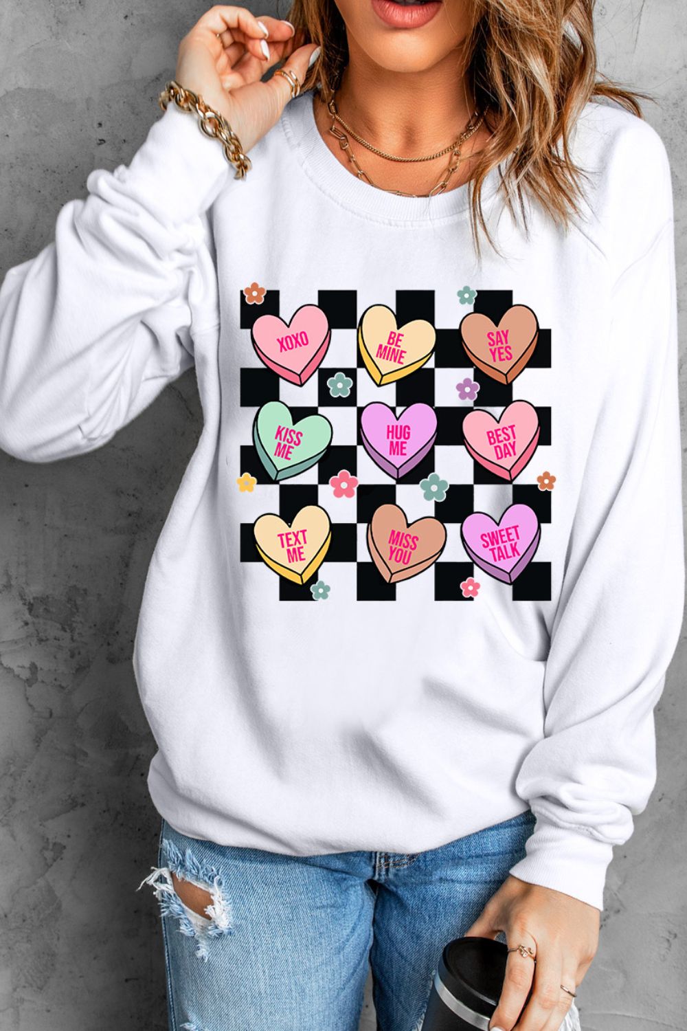 Valentine's Day Checkered Heart Long Sleeve Sweatshirt - Charming Charlie