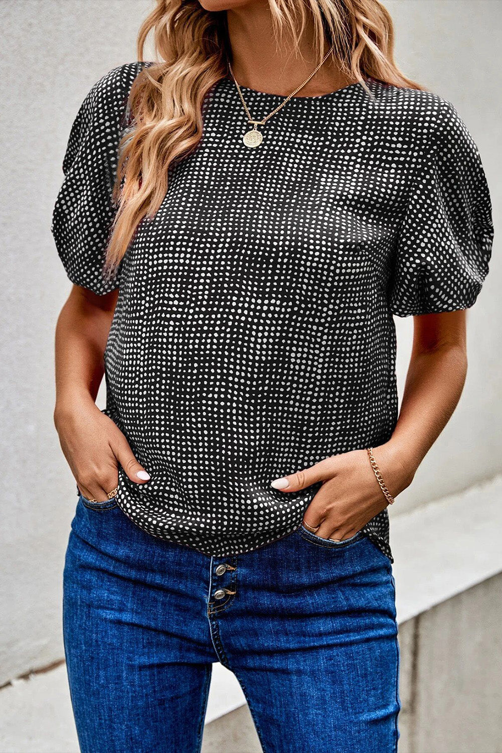 Printed Round Neck Short Sleeve Blouse - Charming Charlie