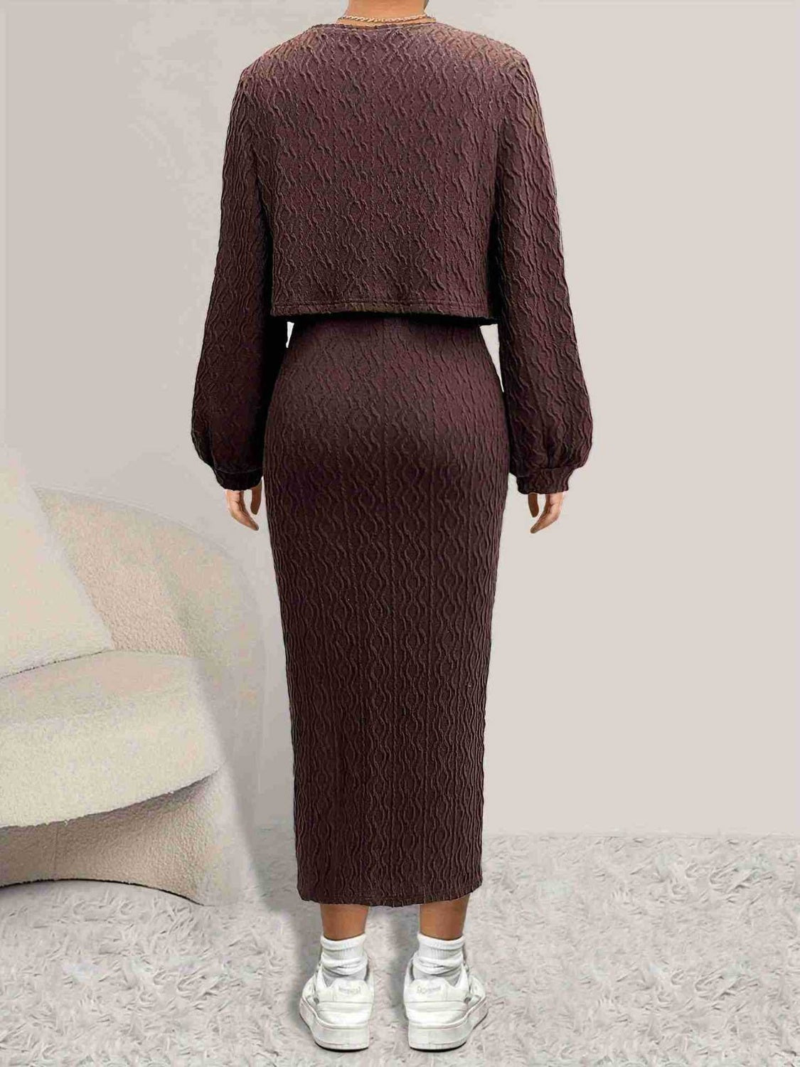 Wholesale MOQ6 Open Front Long Sleeve Cardigan and Side Slit Cami Dress Set Wholesale MOQ6 Open Front Long Sleeve Cardigan and Side Slit Cami Dress Set