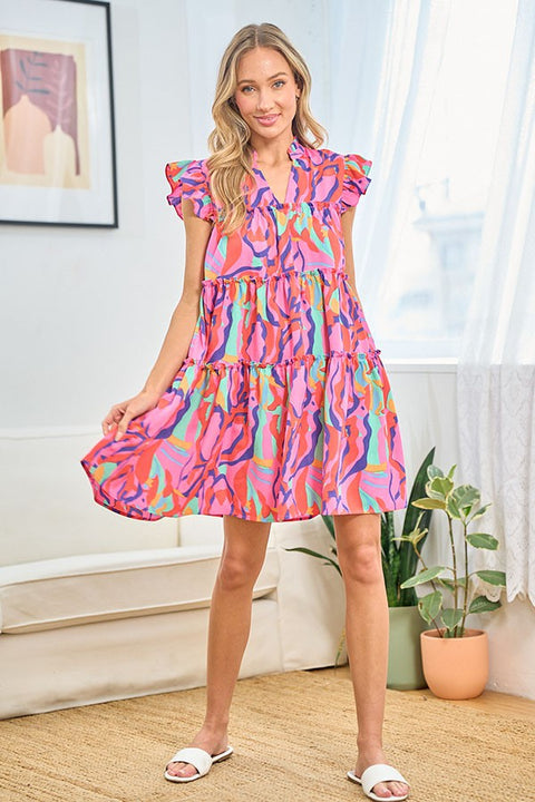 Full Size Printed Ruffle Cap Sleeve Babydoll Dress Plus Size