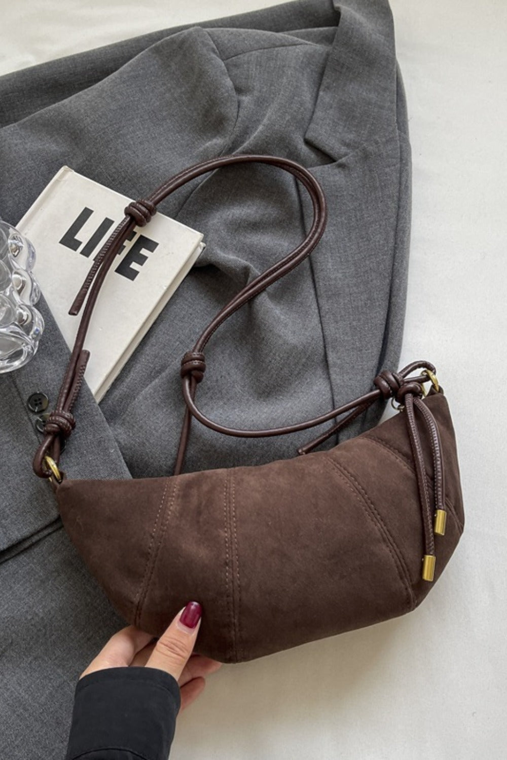 PU Leather Strap Suede Shoulder Bag - Charming Charlie