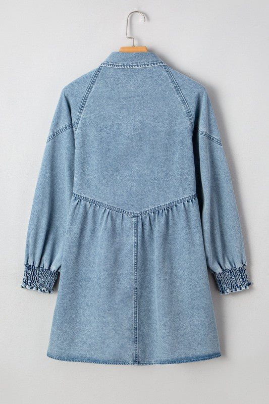 Denim Smocked Cuffs Shirt Mini Dress Beau Blue / L