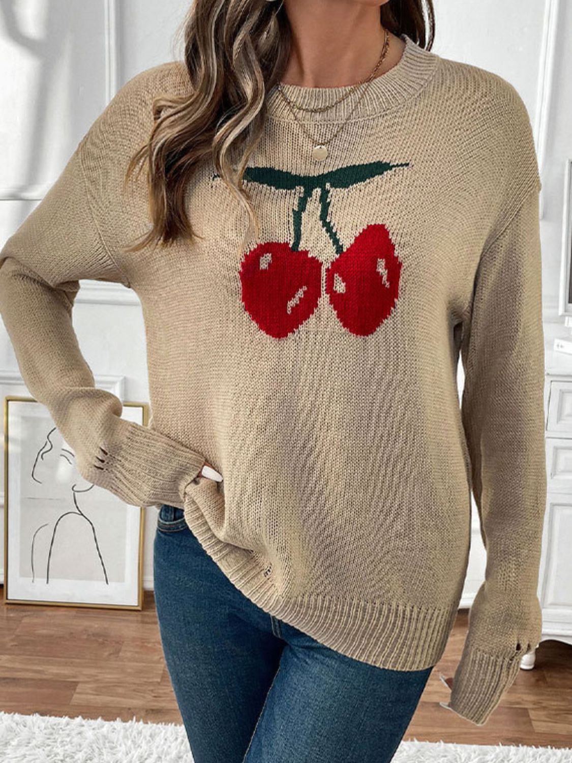Perfee Cherry Round Neck Long Sleeve Sweater - Charming Charlie
