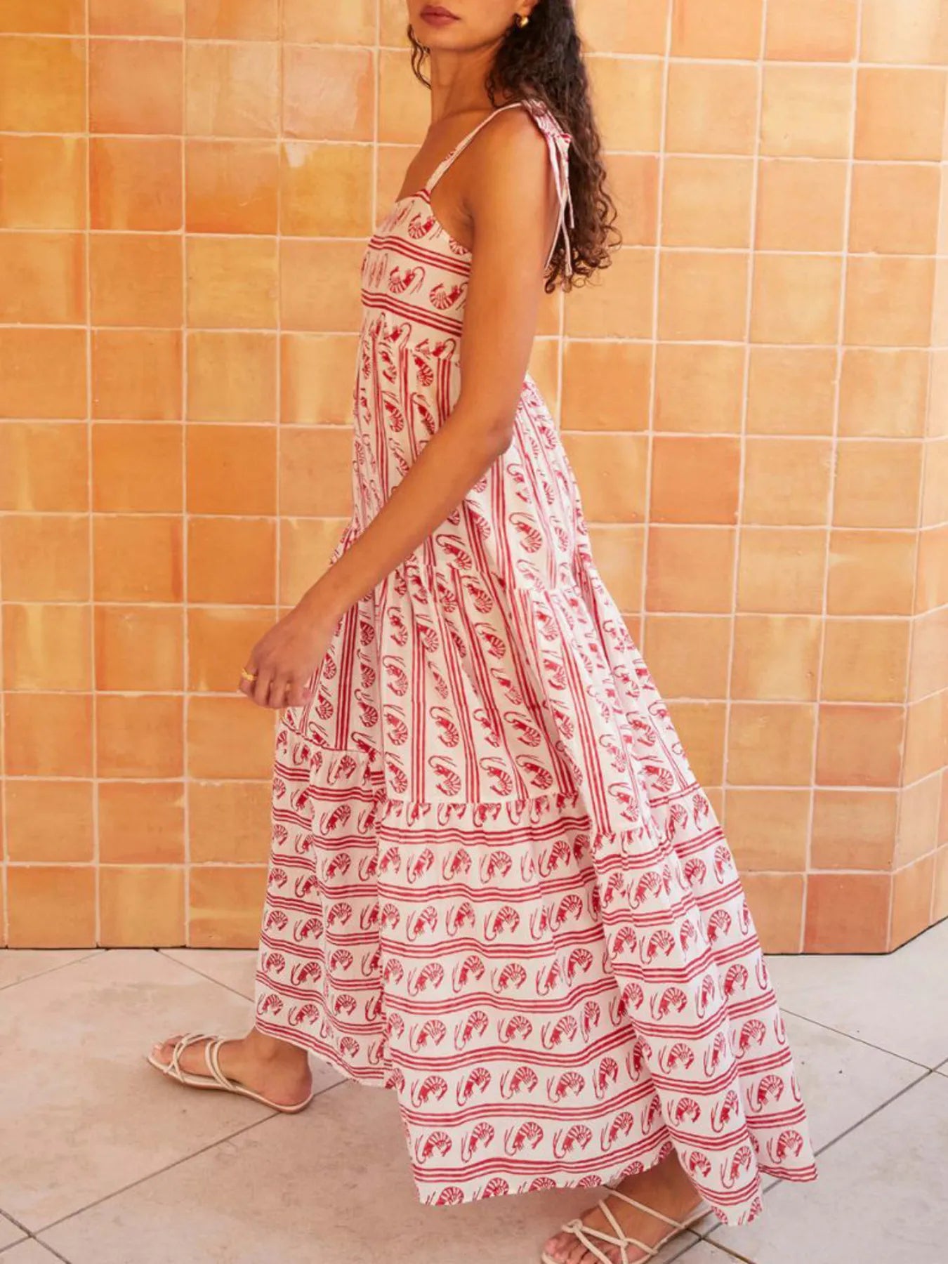 Striped Tie-Shoulder Tiered Maxi Dress Red / M