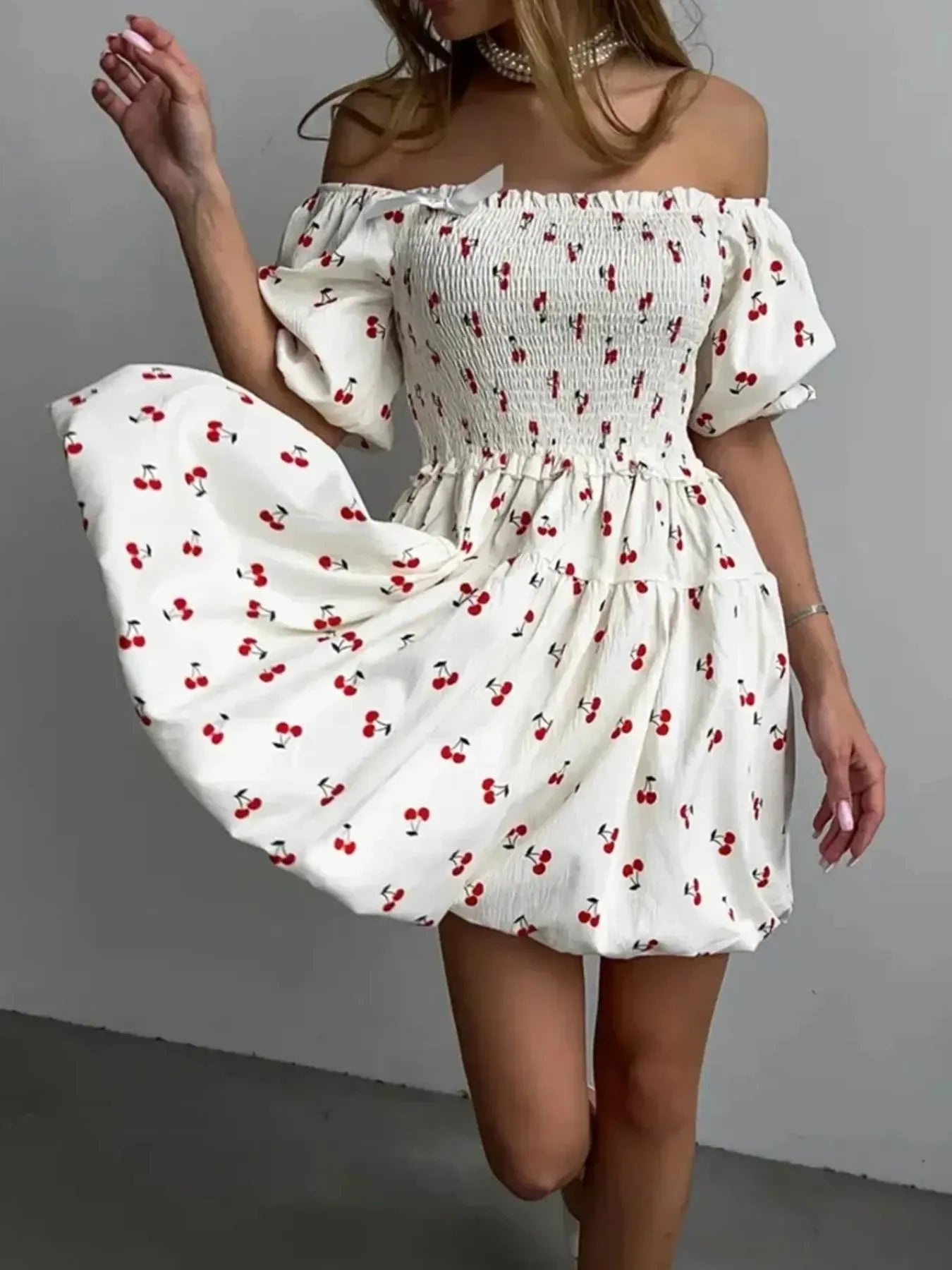 Puff Sleeve Cherry Print Smocked Mini Dress White / S Puff Sleeve Cherry Print Smocked Mini Dress White / S