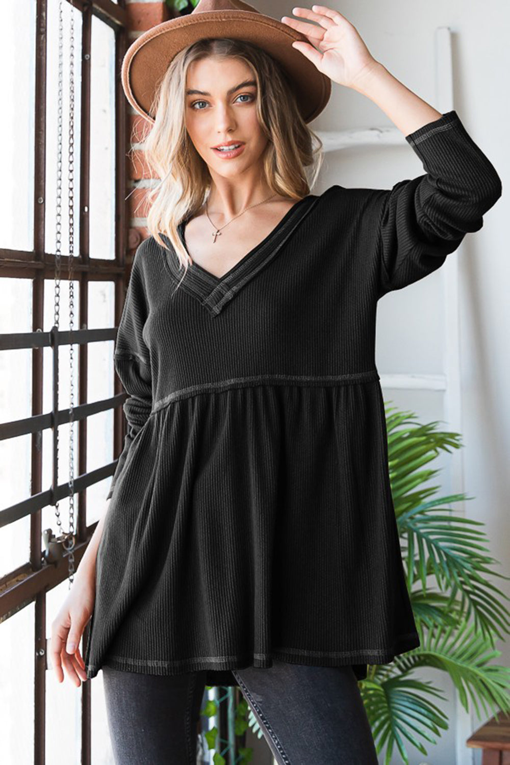 Heimish Full Size V-Neck Long Sleeve Ribbed Babydoll Top - Charming Charlie