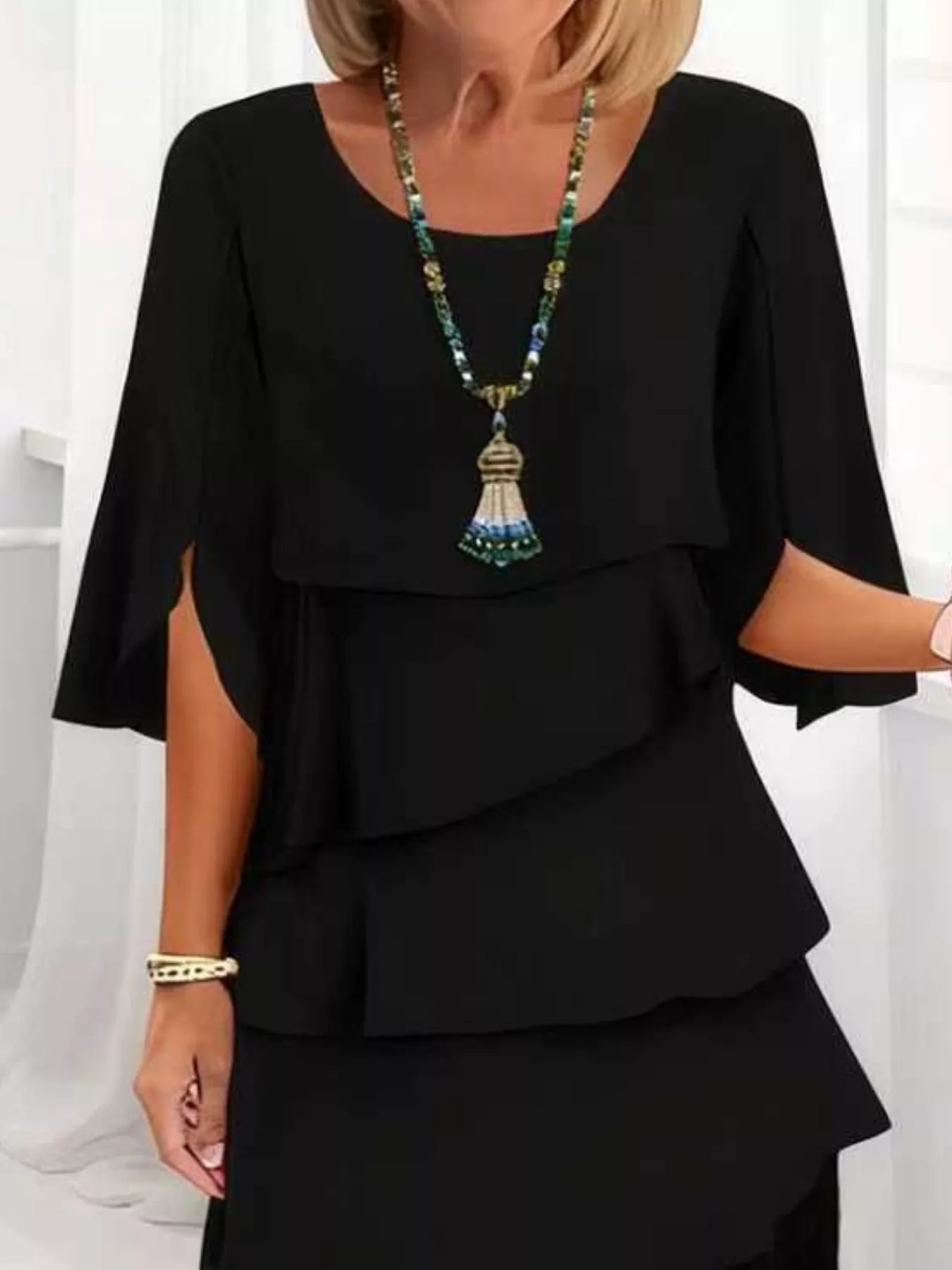 Full Size Ruffle Layered Flutter Sleeve Dress Plus Size Black / S