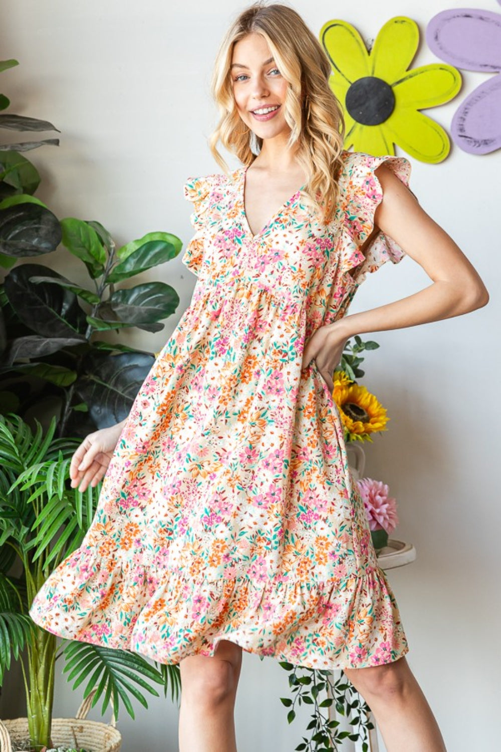 Heimish Full Size Floral Ruffled V-Neck Dress - Charming Charlie