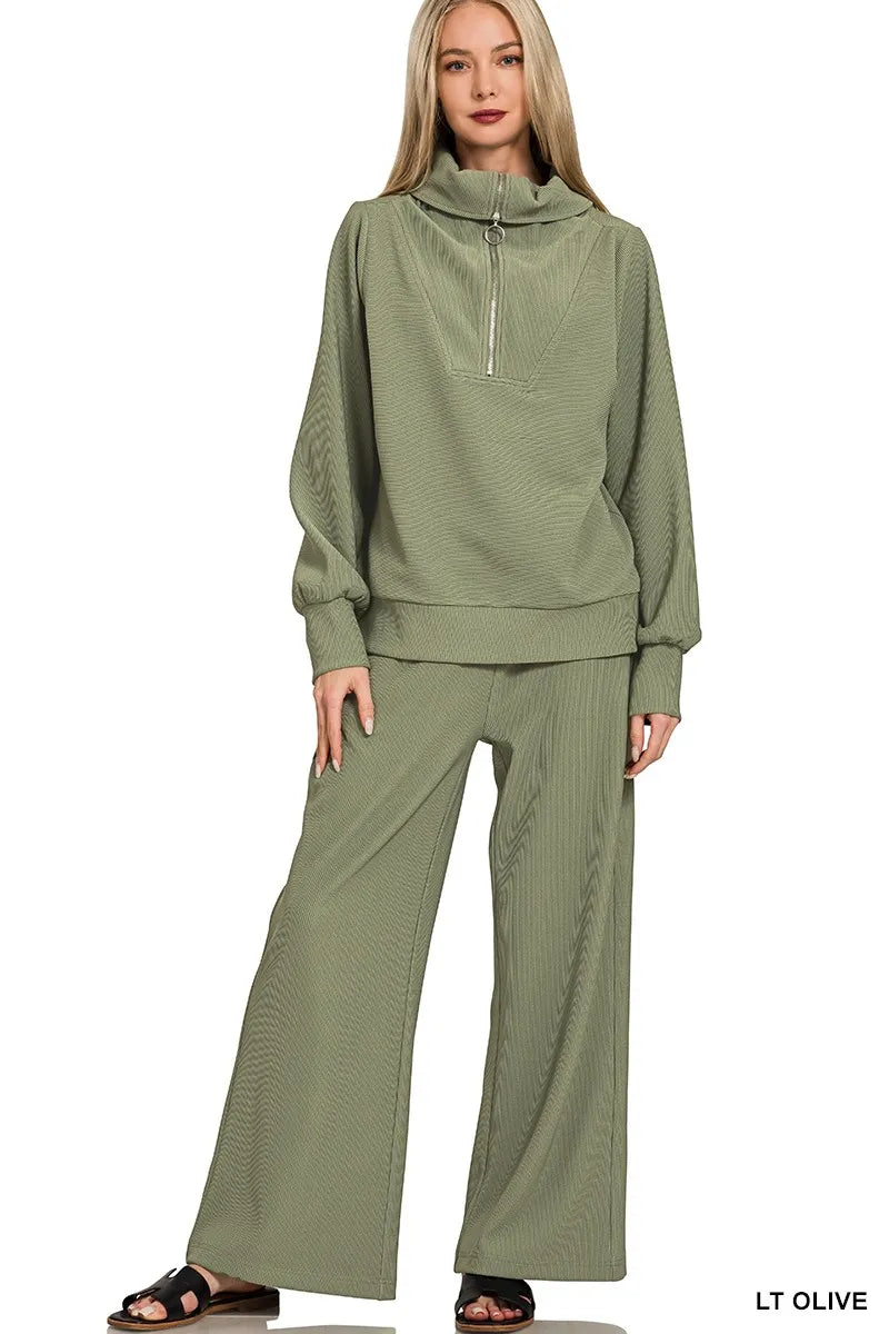 【panny】 Zenana Ribbed High Neck Half Zip Pullover & Pants Set – Charming