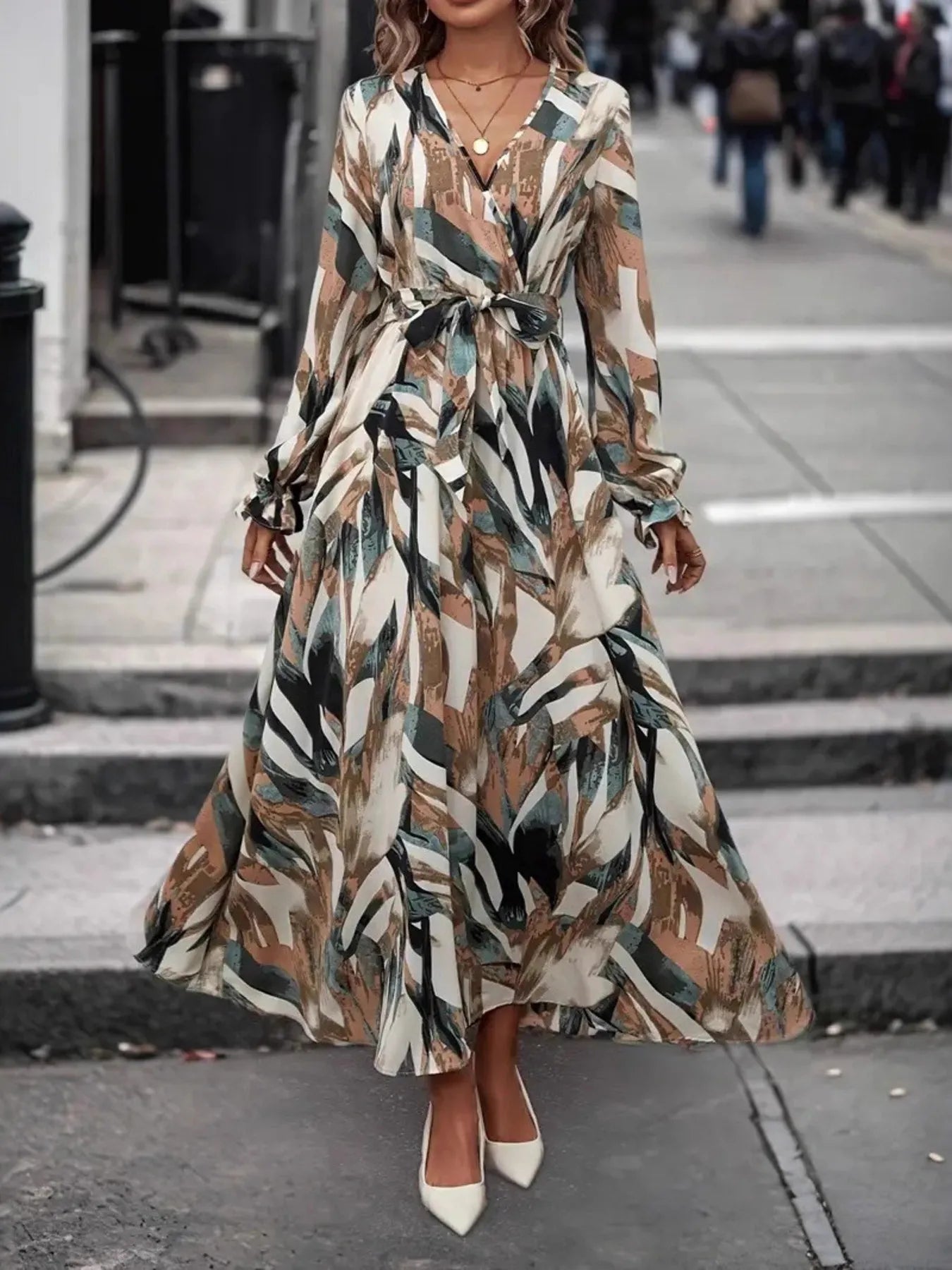 flounce dress long sleeve Markum Long-Sleeve Flounce Gown