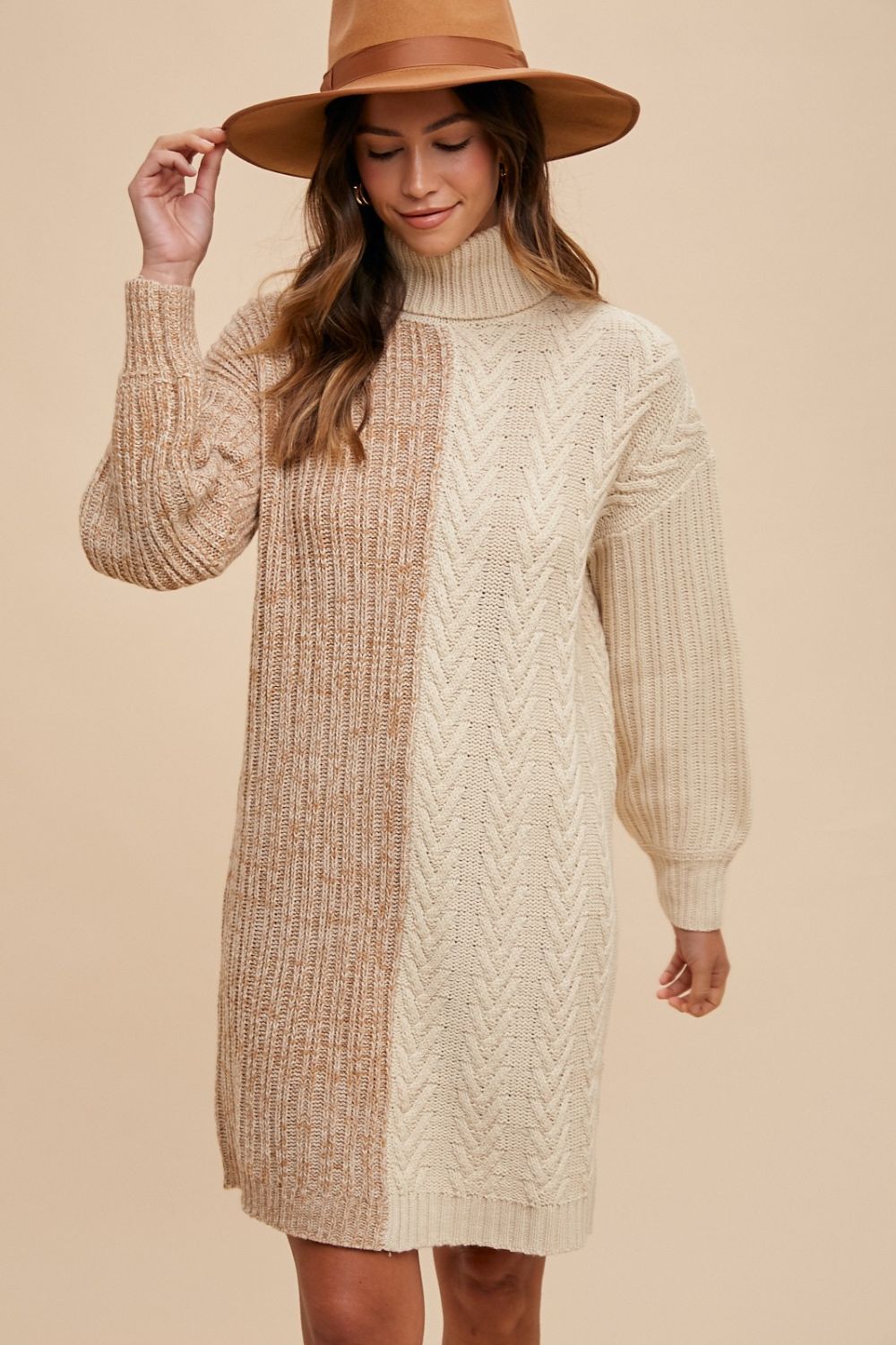 Annie Wear Color Block Turtleneck Sweater Dress Taupe / L Annie Wear Color Block Turtleneck Sweater Dress Taupe / L