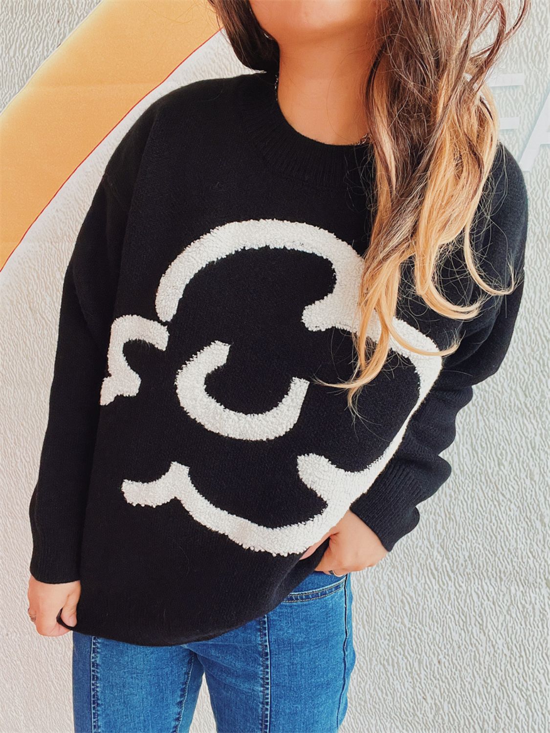 Contrast Round Neck Long Sleeve Sweater - Charming Charlie