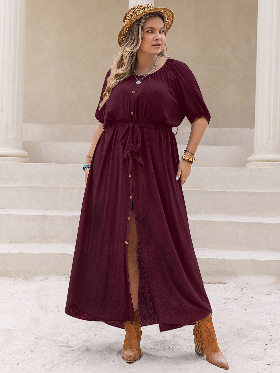 Plus Size Round Neck Half Sleeve Dress - Charming Charlie