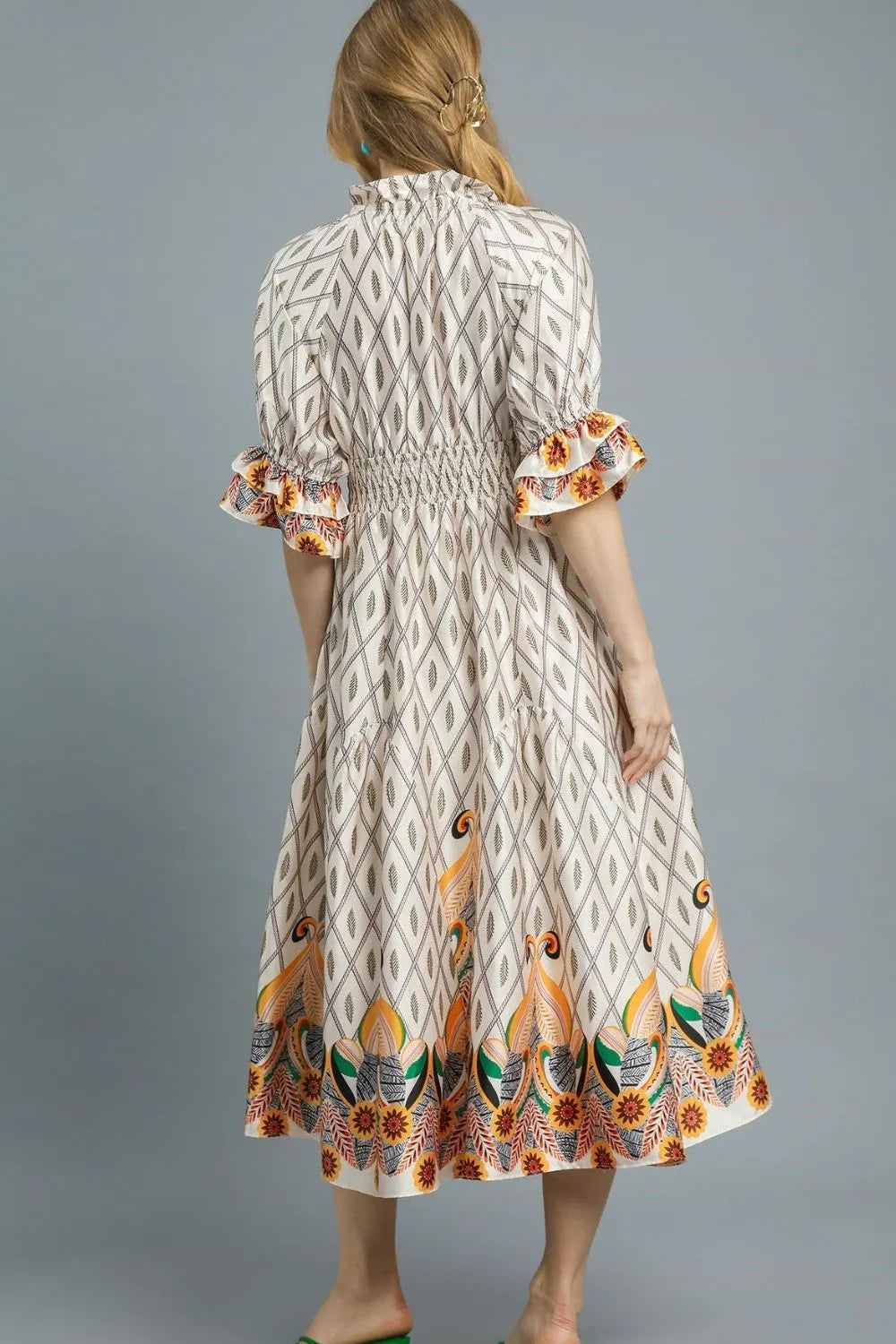 Umgee Printed Smocked Waist Flounce Sleeve Midi Dress Ivory / L Umgee Printed Smocked Waist Flounce Sleeve Midi Dress Ivory / L