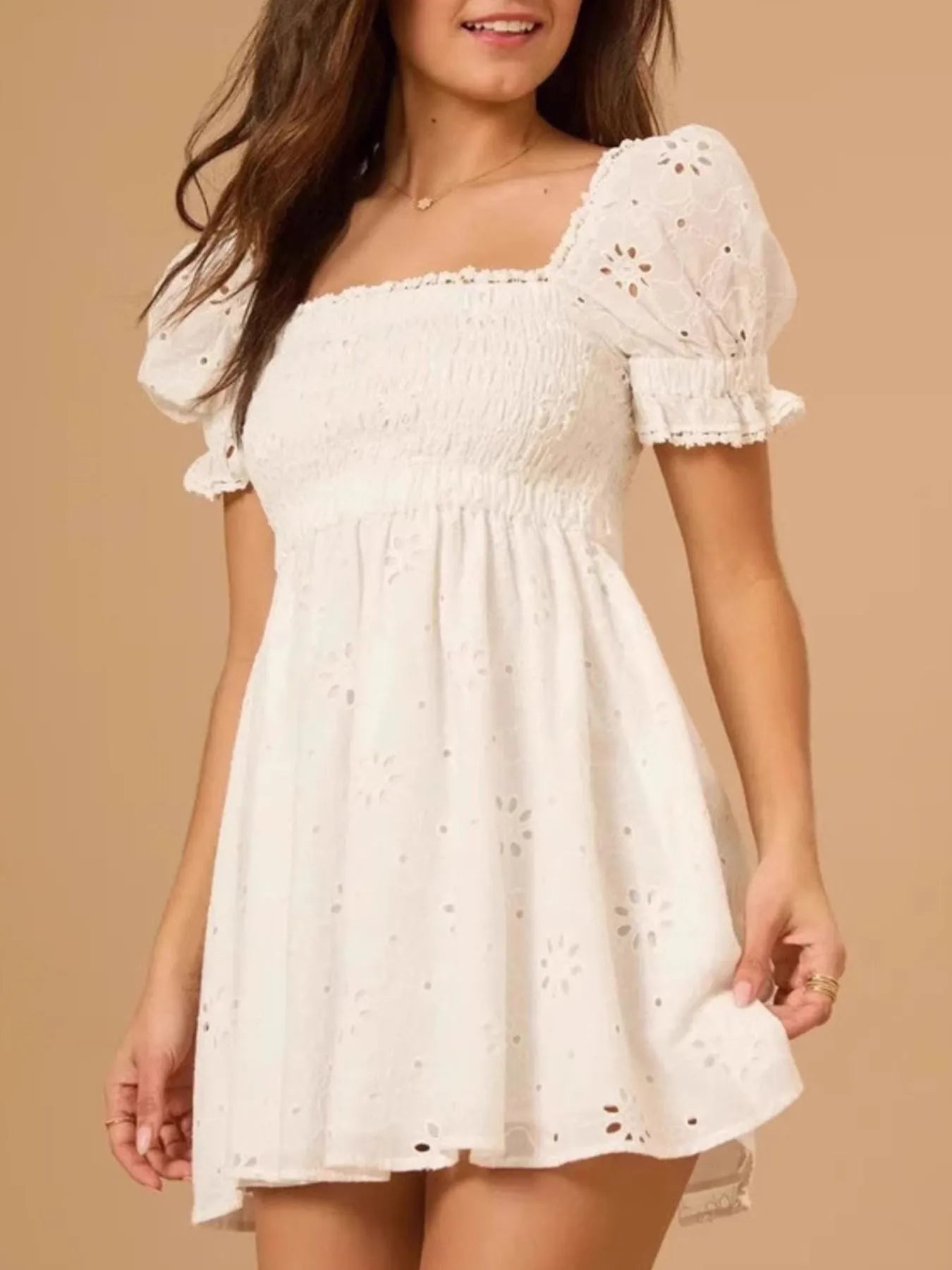 Eyelet Puff Sleeve Smocked Mini Dress White / M Eyelet Puff Sleeve Smocked Mini Dress White / M