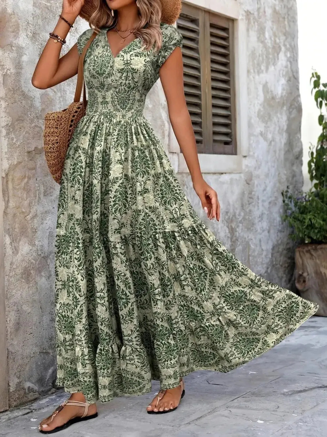 Vintage Floral Cap Sleeve Maxi Dress Moss / M