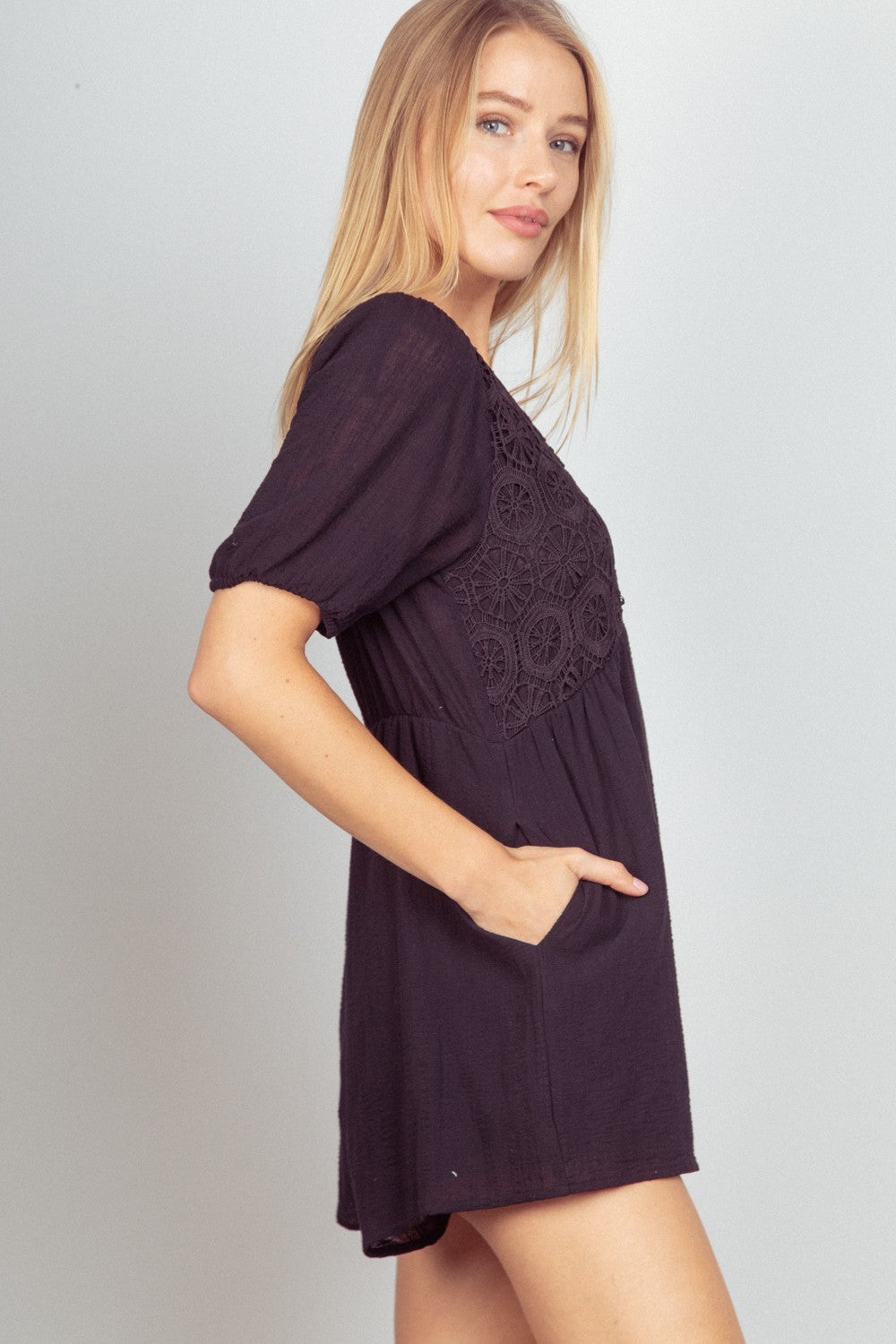 VERY J Lace Detail Puff Sleeve Romper with Pockets - Charming Charlie