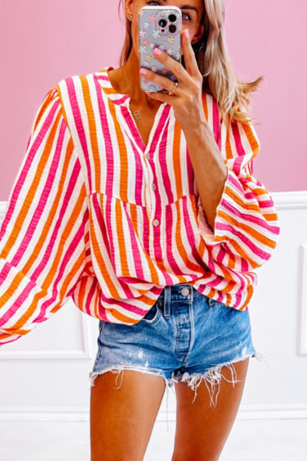 Striped Notched Flounce Sleeve Blouse - Charming Charlie