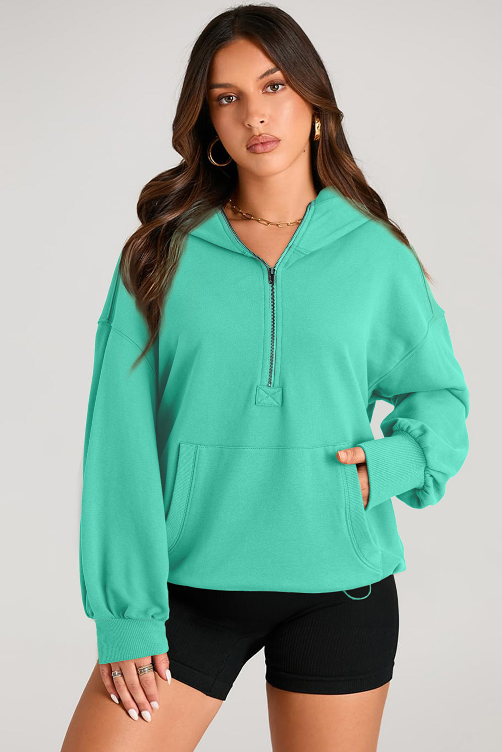 Pocketed Half Zip Long Sleeve Hoodie - Charming Charlie