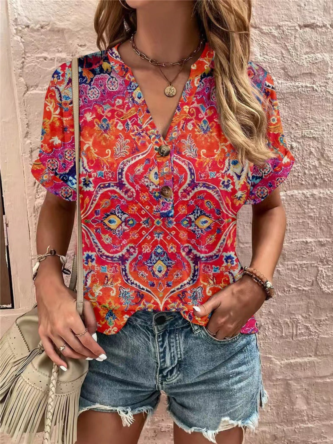 Full Size Printed Notched Short Sleeve Blouse - Charming Charlie
