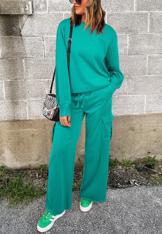 Full Size Round Neck Long Sleeve Top and Drawstring Pants Set - Charming Charlie