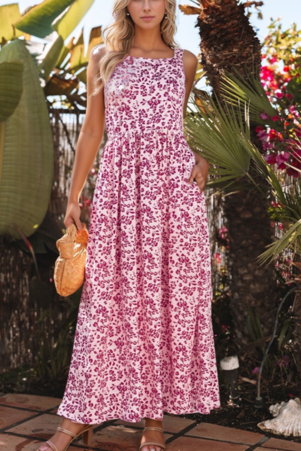 cutout floral maxi dress Floral Cutout Back Square Neck Maxi Dress Pink / XL