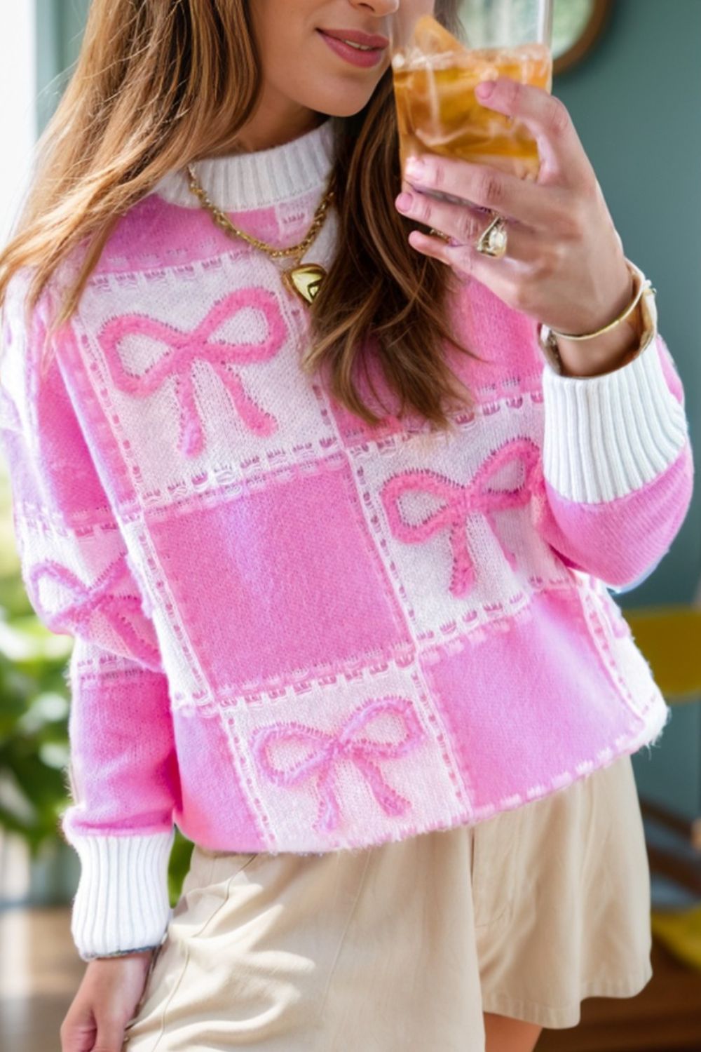 Bow Round Neck Long Sleeve Sweater - Charming Charlie